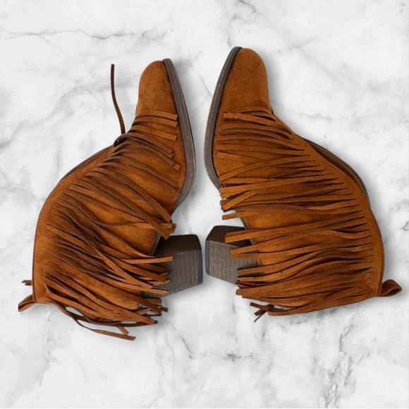 Mata Fringe Ankle Booties Sz 8.5M | Western Boho Suede Heel Boot | Brown - Picture 7 of 16